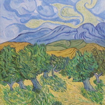 Peinture intitulée "Olive trees with mo…" par Yorgos Touskas, Œuvre d'art originale, Acrylique Monté sur Châssis en bois