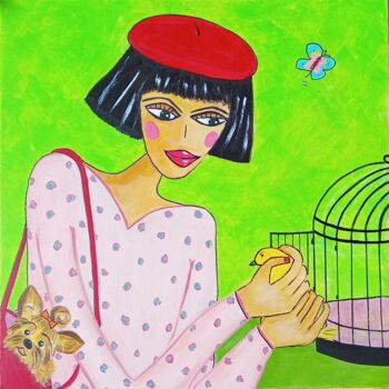 Peinture intitulée "Lolotte et l'oiseau" par Nicole Carretier, Œuvre d'art originale, Acrylique