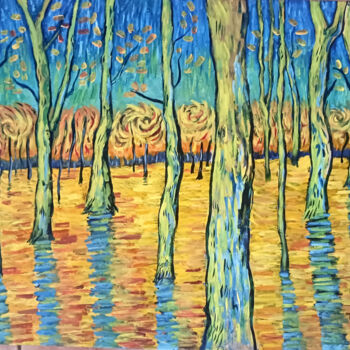 Painting titled "Forest in the fall" by Yorgos Touskas, Original Artwork, Acrylic Mounted on Wood Stretcher frame