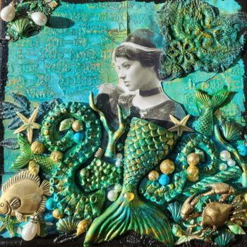 Collages titled "Murmure de l'océan" by Delphine Sagot, Original Artwork, Collages Mounted on Wood Stretcher frame