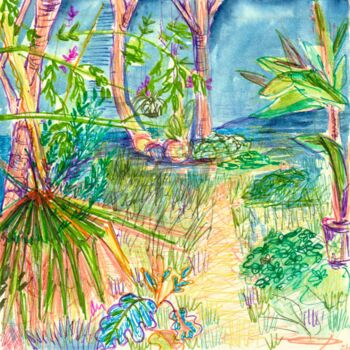 Tekening getiteld "Vue sur jardin 2" door Edith Bos Boyer (EDITH DONC), Origineel Kunstwerk, Balpen