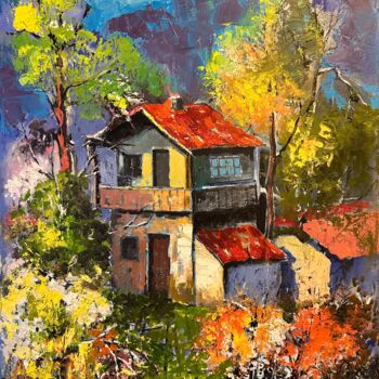 Pintura intitulada "Village House No.3" por Reneta Isin, Obras de arte originais, Óleo Montado em Armação em madeira