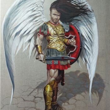 Painting titled "archange romain" by Laurent Pascal, Original Artwork, Oil Mounted on Wood Stretcher frame