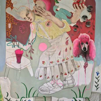 Painting titled "Trouble in paradise" by Romy Van Rijckevorsel, Original Artwork, Acrylic Mounted on Aluminium
