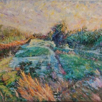 Pittura intitolato "River Morning" da Guo Zhang, Opera d'arte originale, Tempera