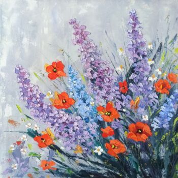 Malarstwo zatytułowany „Bluebonnets and Pop…” autorstwa Inna Bebrisa, Oryginalna praca, Olej Zamontowany na Drewniana rama n…