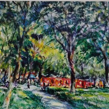 Pittura intitolato "Red Wall in the For…" da Guo Zhang, Opera d'arte originale, Tempera