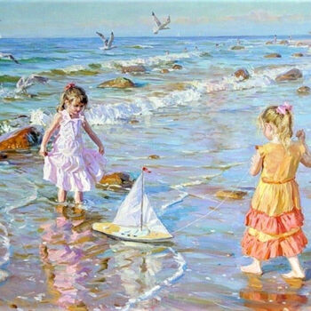 Painting titled "Kids games on the b…" by Lara Vald, Original Artwork, Oil Mounted on Wood Stretcher frame