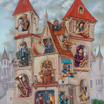 Painting titled "House Orchestra" by Victor Molev, Original Artwork, Oil Mounted on Wood Stretcher frame