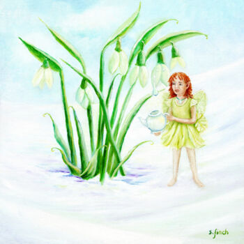 Painting titled "Winter Snowdrop Fai…" by Sonia Finch, Original Artwork, Oil Mounted on Wood Stretcher frame