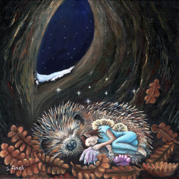 Painting titled "Winter Fairy Guardi…" by Sonia Finch, Original Artwork, Oil Mounted on Wood Stretcher frame