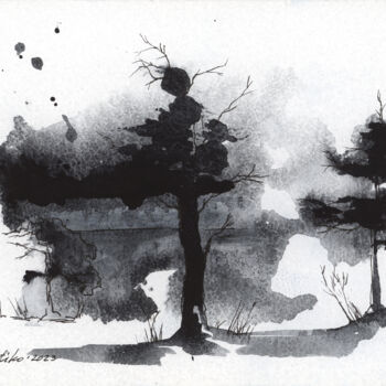 Schilderij getiteld "Black and white #016" door Natiko, Origineel Kunstwerk, Aquarel