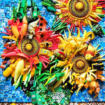 Sculpture titled "Sunflowers in vase.…" by Irina Bast, Original Artwork, Mosaic Mounted on Wood Panel