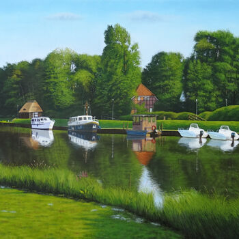 Peinture intitulée "Boote an einem Somm…" par Leo Windeln, Œuvre d'art originale, Huile