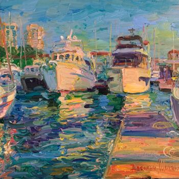 Painting titled "Солнечный вечер. Мо…" by Vasilii Shikhanov, Original Artwork, Oil Mounted on Wood Stretcher frame