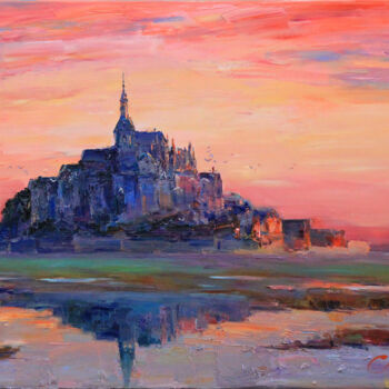 Painting titled "Evening Mont Saint…" by Serhii Cherniakovskyi, Original Artwork, Oil Mounted on Wood Stretcher frame