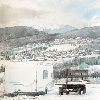 Peinture intitulée "VILLAGE EN ALTITUDE" par Alix Xu, Œuvre d'art originale, Aquarelle Monté sur Châssis en bois