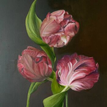 Painting titled "Tulips" by Larisa Kleiman, Original Artwork, Oil Mounted on Wood Stretcher frame