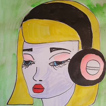 Dessin intitulée "Headphones" par Ashton Knighting, Œuvre d'art originale, Encre