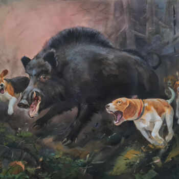 绘画 标题为“Boar Hunt with Dogs” 由Olga Denamur-Filippova, 原创艺术品, 油 安装在木质担架架上