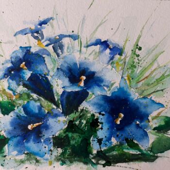Peinture intitulée "Bouquet de gentianes" par Catherine Dufrene (Katy), Œuvre d'art originale, Aquarelle