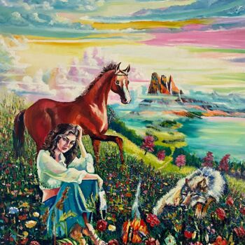 Painting titled "Lutte" by Tahira Quliyeva, Original Artwork, Oil Mounted on Wood Stretcher frame