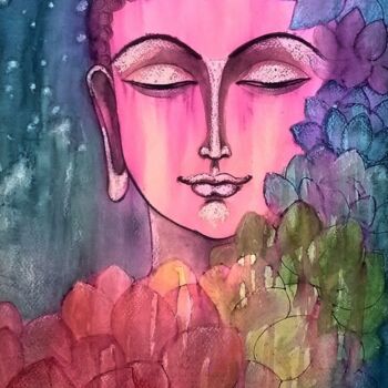 绘画 标题为“SEVEN LOTUSES BUDDHA” 由Suddha Sama, 原创艺术品, 墨