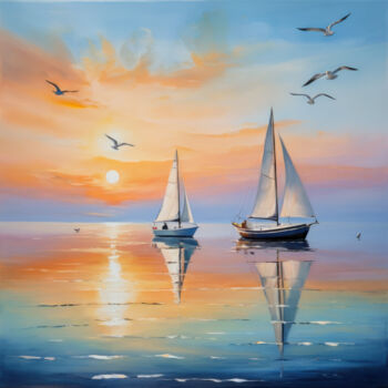 Digital Arts με τίτλο "Sail boats at sunse…" από Manolis Tsantakis, Αυθεντικά έργα τέχνης, Εικόνα που δημιουργήθηκε με AI