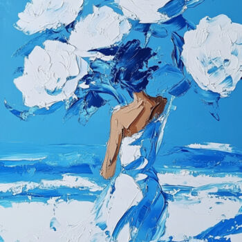 Digital Arts titled "Blue Flowers Woman" by Elena Avanesova, Original Artwork, Digital Painting