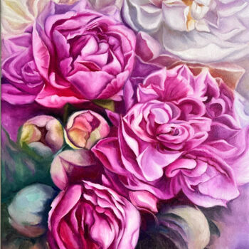 Painting titled "Pink peonies" by Ariadna Tunyk, Original Artwork, Oil Mounted on Wood Stretcher frame