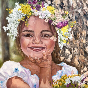 Painting titled "Sunny Girl with Wil…" by Ariadna Tunyk, Original Artwork, Oil Mounted on Wood Stretcher frame