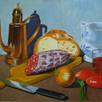 Painting titled "LE CASSE CROUTES" by Bertrand Delogne, Original Artwork, Oil Mounted on Wood Stretcher frame