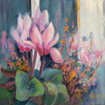Pittura intitolato "Blooming Cyclamen:…" da Elena Turgeneva, Opera d'arte originale, Olio Montato su Telaio per barella in l…