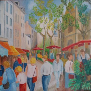 Painting titled "LE MARCHE" by Bertrand Delogne, Original Artwork, Oil Mounted on Wood Stretcher frame