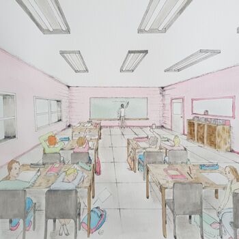 Peinture intitulée "L'heure de cours (t…" par Cgd, Œuvre d'art originale, Aquarelle