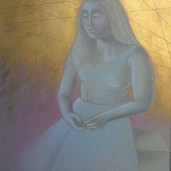 Drawing titled "Recueillement" by Christian Vidal, Original Artwork, Charcoal Mounted on Wood Panel