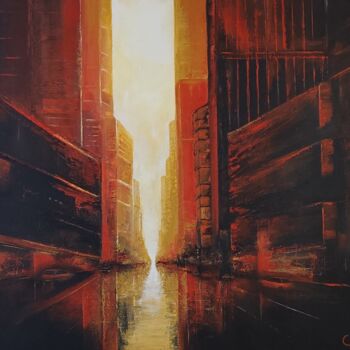 Painting titled "Twilight over the c…" by Luc Chabal, Original Artwork, Acrylic Mounted on Wood Stretcher frame