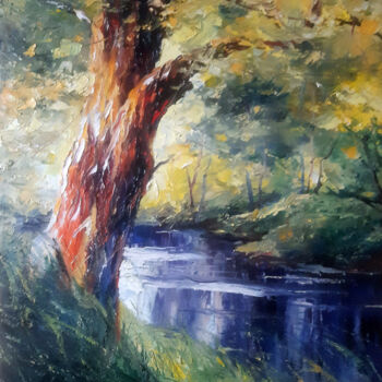 Painting titled "Blue river" by Vladislav Dmitrijev, Original Artwork, Oil