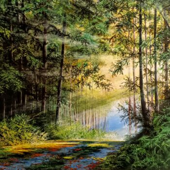 Painting titled "FOREST LIGHT" by Plamen Ivanov, Original Artwork, Acrylic Mounted on Wood Stretcher frame