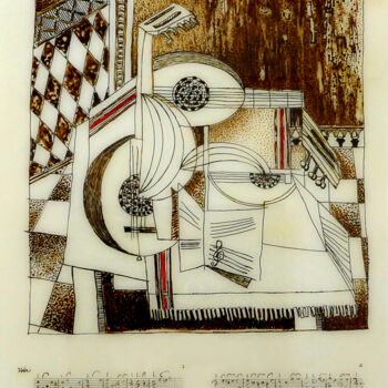 Ζωγραφική με τίτλο "Nature morte au luth" από Christian Vidal, Αυθεντικά έργα τέχνης, Μελάνι Τοποθετήθηκε στο Ξύλινο πάνελ