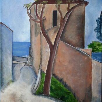 제목이 "Tree and Houses"인 미술작품 Olena Berest로, 원작, 기름 나무 들것 프레임에 장착됨