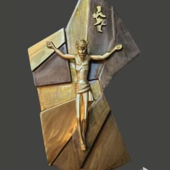 雕塑 标题为“Crucifix in Shield…” 由Cameron Castrillo, 原创艺术品, 青铜 安装在金属上