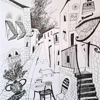 Tekening getiteld "street in old city…" door Janna Shulrufer, Origineel Kunstwerk, Gelpen