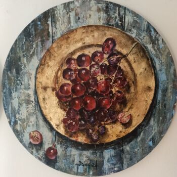 绘画 标题为“Grapes on a golden…” 由Tetyana Donets, 原创艺术品, 油 安装在木质担架架上