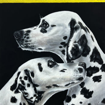 Painting titled "Two Dalmatians (Gol…" by Jamol Yusubov, Original Artwork, Acrylic Mounted on Wood Stretcher frame