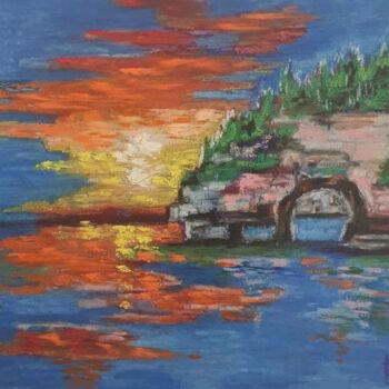 Painting titled "Sunset in an ocean…" by Vladislava Kovalenko, Original Artwork, Pastel Mounted on Cardboard