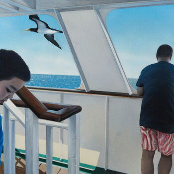 Painting titled "Father and Son on A…" by Xu Chenyi, Original Artwork, Watercolor Mounted on Wood Panel