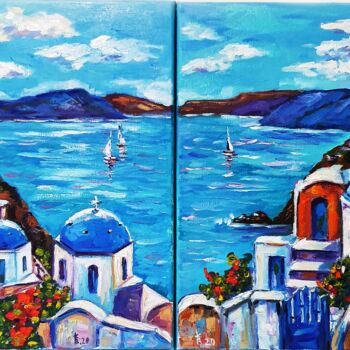 Painting titled "Santorini sailboat…" by Vladislava Kovalenko, Original Artwork, Oil Mounted on Wood Stretcher frame
