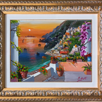 Peinture intitulée "Sunset on Positano…" par Silvio Valli, Œuvre d'art originale, Huile Monté sur Châssis en bois