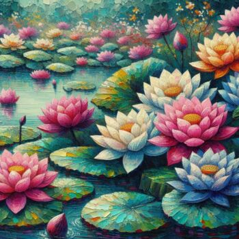 「A serene pond is fi…」というタイトルのデジタルアーツ Shamim Shaikhによって, オリジナルのアートワーク, AI生成画像